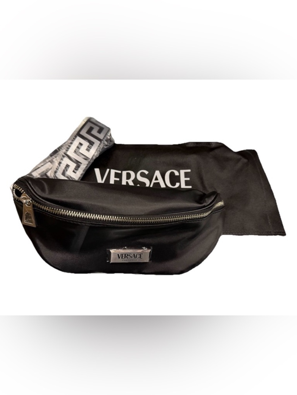 Versace Black Nylon Fanny Pack Bag with Greca Strap